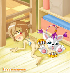 barefoot brown_hair digimon digimon_adventure licking_foot loli nude one_eye_closed red_eyes sakura_kasugano short_hair spread_legs tailmon tongue tongue_out yagami_hikari