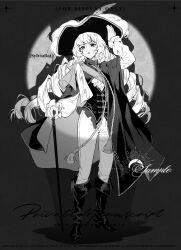 1girl :o absurdres adjusting_clothes adjusting_headwear artist_request ascot bicorne boots cane cape charlie_(reverse:1999) commission dark_background drill_hair fold-over_boots full_body greyscale hand_on_headwear hand_up hat hat_feather highres holding holding_cane knee_boots long_hair long_sleeves looking_at_viewer low_twintails monochrome pants puffy_long_sleeves puffy_sleeves reverse:1999 sample_watermark sash second-party_source shadow shirt shoulder_sash solo spotlight standing tassel twin_drills twintails very_long_hair vest waistcoat watermark