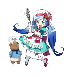 1girl ahoge apron bear blue_eyes blue_hair chef dress gloves green_dress hat holding holding_whisk long_hair open_mouth pantyhose poseidon_(uchihime) puffy_sleeves red_ribbon ribbon rowe short_sleeves side_ponytail uchi_no_hime-sama_ga_ichiban_kawaii whisk white_apron white_gloves white_hat white_pantyhose