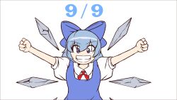 1girl animated animated_gif arms_up blue_bow blue_dress blue_eyes blue_hair bow cirno cirno_day clenched_hands collared_shirt commentary dated dress english_commentary grin hair_between_eyes hair_bow highres ice ice_wings icicle korean_commentary long_hair looking_at_viewer looping_animation mirae_somang mixed-language_commentary neck_ribbon open_mouth puffy_short_sleeves puffy_sleeves red_ribbon ribbon shirt short_sleeves simple_background sleeveless sleeveless_dress smile solo straight-on touhou upper_body white_background white_shirt wings