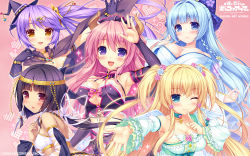 5girls :d ;) aoi_miyabi aqua_hair arisegawa_arle ayasaki_yuu black_hair blonde_hair blue_eyes blunt_bangs blush boku_to_koi_suru_ponkotsu_akuma. braid breasts bustier cape cleavage company_name copyright_name demon_horns detached_sleeves dress fujima_emiri gloves hair_intakes hair_ornament hat highres horns kiritani_riria large_breasts long_hair looking_at_viewer medium_breasts multiple_girls one_eye_closed open_mouth pink_hair ponytail purple_eyes purple_hair red_eyes same_face sayori_(neko_works) short_hair small_breasts smile swept_bangs third-party_source twintails witch_hat yellow_eyes