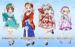 4girls adjusting_clothes adjusting_headwear akanbe anchovy_(girls_und_panzer) bag bare_shoulders bell blonde_hair bloomers blue_background blue_dress blue_eyes blush bow brown_eyes brown_hair brown_shoes character_name closed_umbrella cropped_shirt detached_sleeves dress drill_hair eyelid_pull floral_print folding_fan frilled_dress frilled_sleeves frills full_body fur_trim girls_und_panzer girls_und_panzer_senshadou_daisakusen! gloves gradient_background green_bow green_dress green_hair green_hat hair_bow hairband hand_fan handbag hat highres holding holding_bag holding_fan holding_stuffed_toy japanese_clothes jingle_bell katyusha_(girls_und_panzer) kay_(girls_und_panzer) kimono kimono_dress layered_dress legs lolita_hairband long_dress long_sleeves looking_at_viewer multiple_girls nishizumi_miho official_art okobo open_mouth outstretched_arm platform_sandals platform_shoes print_dress print_kimono purple_dress purple_shoes red_dress red_eyes sandals seigaiha shippou_(pattern) shoes short_dress short_hair smile socks standing standing_on_one_leg stuffed_toy tabi thighs tongue tongue_out translated twin_drills umbrella underwear uroko_(pattern) waving white_gloves white_socks wide_sleeves