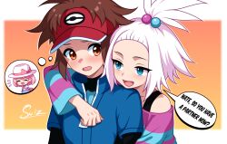 Rule 34 | 2girls, :d, :o, arm around neck, bag, blue eyes, brown eyes, brown hair, english text, hat, highres, long sleeves, mole, mole under eye, multiple girls, nate (pokemon), nintendo, open mouth, pink bag, pink hair, pokemon, pokemon bw2, roxie (pokemon), short hair, shoulder bag, smile, speech bubble, sphere hair ornament, su1zide, thought bubble, upper body, visor cap, white hair, white hat, yancy (pokemon)