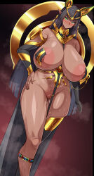 1girl absurdres ancient_egyptian ancient_egyptian_clothes animal_ears ankh ankh_necklace black_hair blush breasts covered_erect_nipples curvy dark-skinned_female dark_elf dark_skin elbow_gloves elf gigantic_breasts gloves green_eyes highres huge_areolae huge_breasts jackal_ears konoshige_(ryuun) large_nipples last_origin long_hair looking_at_viewer nipple_chain nipple_slip nipples pointy_ears pussy revealing_clothes sagging_breasts sekhmet_of_death shiny_skin solo standing sweat thick_thighs thighhighs thighs usekh_collar v-bangs very_long_hair wide_hips