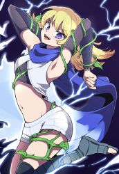 Rule 34 | 1girl, absurdres, arms behind head, blonde hair, blue scarf, electricity, gradient hair, highres, kid icarus, kid icarus uprising, looking at viewer, midriff, multicolored hair, navel, nintendo, nojima minami, open mouth, phosphora, purple background, purple eyes, scarf, shorts, white shorts