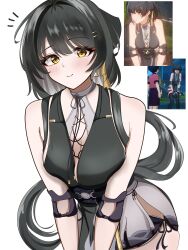 1girl absurdres bare_shoulders black_hair breasts bunchosan_dayo closed_mouth colored_inner_hair commentary_request cowboy_shot cross-laced_clothes cross-laced_dress elbow_pads female_rover_(wuthering_waves) game_screenshot_inset hair_ribbon highres large_breasts long_hair looking_at_viewer multicolored_hair notice_lines ribbon rover_(wuthering_waves) simple_background smile solo very_long_hair white_background wuthering_waves yellow_eyes yellow_ribbon