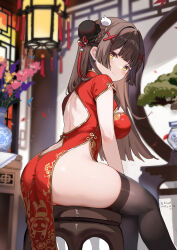 1girl architecture backless_dress backless_outfit black_thighhighs blunt_bangs blunt_ends breasts brown_eyes brown_hair bun_cover chair china_dress chinese_clothes closed_mouth dress east_asian_architecture hair_bun hair_ornament hair_ribbon highres indoors kkkula_(kula) large_breasts long_hair looking_at_viewer no_panties original red_dress ribbon side_slit sidelocks sitting smile solo table thighhighs thighs vase x_hair_ornament