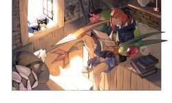 1boy aqua_eyes black_hair black_hoodie book closed_mouth commentary_request earrings flygon gen_3_pokemon gen_4_pokemon gen_8_pokemon gym_leader holding holding_book hood hood_down hoodie indoors jewelry newo_(shinra-p) nintendo orange_headwear pokemon pokemon_(creature) pokemon_swsh raihan_(pokemon) rookidee rotom rotom_phone sandaconda shelf shoes shorts sitting slice_of_life smile window