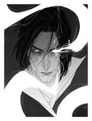Rule 34 | arcane: league of legends, black hair, close-up, closed mouth, cropped shoulders, eyelashes, greyscale, high contrast, highres, league of legends, looking at viewer, male focus, monochrome, portrait, portrait (object), silco, silco (arcane), simple background, solo