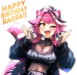 1girl animal_ear_piercing animal_ears belt black_belt black_choker black_hair black_hat black_jacket black_nails black_shirt blush breasts chain choker cleavage covered_navel ddolbang extra_ears fangs fingernails fish_skeleton_hair_ornament hair_intakes happy_birthday hat heart_collar highres hololive hololive_english jacket jewelry korean_commentary large_breasts long_sleeves medium_hair multicolored_hair nail_polish navel one_eye_closed open_mouth panther_ears panther_girl panther_tail pink_hair print_shirt raora_panthera ring safety_pin see-through_clothes see-through_shirt shirt sleeves_past_wrists solo spiked_choker spikes streaked_hair striped_clothes striped_jacket tail teeth upper_teeth_only virtual_youtuber white_background white_hair yellow_eyes
