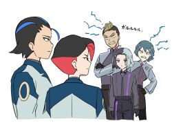Rule 34 | 1girl, 4boys, amethio (pokemon), blank eyes, character request, clenched teeth, collared shirt, copituji, crossed arms, expressionless, gloves, hand on own hip, highres, jacket, long sleeves, multicolored hair, multiple boys, nintendo, onia (pokemon), pants, pokemon, pokemon (anime), pokemon horizons, shirt, streaked hair, teeth, translation request, white background, zirc (pokemon)
