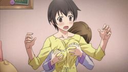 2girls animated animated_gif blush breasts brown_eyes brown_hair corpse_party grabbing_another&#039;s_breast groping lowres multiple_girls nakashima_naomi open_mouth pajamas shinohara_seiko short_hair surprised yuri