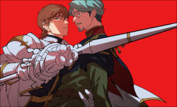 Rule 34 | 2boys, 444 fofofo, armor, beard, brown hair, challia bull, commentary request, cosplay, face-to-face, facial hair, green eyes, green hair, gundam, gundam gquuuuuux, gyan (gquuuuuux), gyan (gquuuuuux) (cosplay), highres, holding, holding polearm, holding weapon, jacket, knight, lance, male focus, military jacket, military uniform, mole, mole under mouth, multiple boys, mustache, polearm, red background, short hair, simple background, turtleneck, upper body, weapon, xavier olivette, yaoi