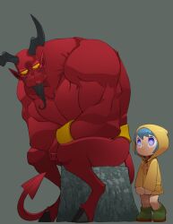 Rule 34 | 1boy, 1girl, bead necklace, beads, bleedman, blue eyes, boots, bracelet, colored skin, commentary, cross, cross necklace, demon, demon horns, demon tail, dirty footwear, english commentary, facial hair, full body, goatee, green footwear, grey background, highres, horns, jewelry, jubilee 2025, looking at another, luce (jubilee 2025), muscular, necklace, raincoat, red skin, rubber boots, satan (mythology), sitting, on tree stump, size difference, smile, standing, staring, tail, the bible, yellow eyes, yellow raincoat