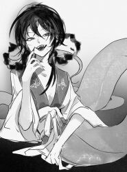 1girl absurdres braid braided_hair_rings chinese_clothes gradient_background grey_background greyscale hair_rings hanfu highres huolalaojiugong lamia looking_at_viewer magi_the_labyrinth_of_magic mole mole_under_mouth monochrome monster_girl monsterification open_mouth ren_gyokuen smile solo xiao_guan_(headdress)