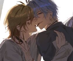Rule 34 | 2boys, black shirt, grey hair, grin, half-closed eyes, highres, honkai: star rail, honkai (series), khakha240478476, male focus, medium hair, mouth hold, multiple boys, mydei (honkai: star rail), orange hair, parted lips, phainon (honkai: star rail), red tattoo, redrawn, shirt, short hair, smile, teeth, tongue, tongue out, upper body, white shirt, yaoi
