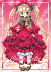 1girl blonde_hair bloomers blue_eyes bow bowtie brooch brown_shoes capelet character_name closed_mouth commentary_request curtsey dress drill_hair drill_sidelocks expressionless flower flower_brooch footwear_flower frilled_dress frilled_sleeves frills full_body gradient_background green_bow green_bowtie headdress lolita_fashion long_dress long_hair long_sleeves looking_at_viewer morinaga_hinase pantyhose pink_background pink_flower pink_rose red_capelet red_dress rose rozen_maiden shinku shoes sidelocks solo twintails underwear very_long_hair white_bloomers white_pantyhose