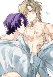 Rule 34 | 2boys, aventurine (honkai: star rail), bite mark, blonde hair, blush, dr. ratio (honkai: star rail), hair between eyes, hickey, honkai: star rail, honkai (series), looking at another, male focus, multiple boys, neck tattoo, nipples, pectorals, purple eyes, purple hair, rechu2300, shirt, short hair, simple background, tattoo, white background, white shirt, yaoi