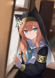Rule 34 | 1girl, 2024, absurdres, animal ears, artistic error, black dress, blue archive, blue eyes, blue neckerchief, blurry, blurry background, blush, braid, cat ears, cat girl, closed mouth, coif, collarbone, dress, flower, gold trim, hair between eyes, hair flower, hair ornament, hair tubes, hand up, hendiamond, highres, indoors, leaf, leaf hair ornament, long hair, long sleeves, looking afar, mari (blue archive), neckerchief, nun, orange hair, puffy long sleeves, puffy sleeves, sailor collar, sidelocks, single braid, single hair tube, sitting, smile, solo, white flower, window, wrong hand