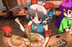 2girls :d blue_dress booth_seating bowl chicken_(food) chopsticks commentary_request corn curly_hair detached_sleeves dress dumpling fish_cake fisheye food fried_chicken fried_rice ga-chan_(kokonattusoul) green_shirt grey_hair hair_between_eyes holding holding_chopsticks horns indoors jiaozi long_bangs long_hair looking_at_another looking_to_the_side meandros medium_hair multiple_girls noodles nori_(seaweed) o3o open_mouth parted_bangs patterned_clothing pointy_ears pork purple_hair ramen red_eyes red_horns red_sleeves sheep_horns shirt short_sleeves signature smile softboiled_egg soup spring_onion table tenkajin_chiyari touhou toutetsu_yuuma upper_body wavy_hair
