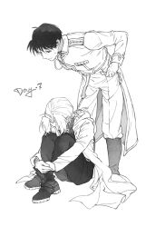 2boys black_pants boots braid edward_elric full_body fullmetal_alchemist greyscale hair_between_eyes highres hugging_own_legs jacket leaning_forward long_hair male_focus military_jacket military_uniform monochrome multiple_boys pants parted_bangs roy_mustang short_hair single_braid sweatdrop white_background xue_ezi