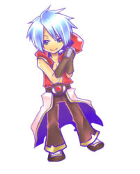 1boy akanegusa blue_eyes blue_hair brown_gloves brown_pants brown_shoes champion_(ragnarok_online) closed_mouth coat commentary_request full_body gloves hood hooded_coat looking_at_viewer lowres male_focus multicolored_coat pants ragnarok_online red_coat shoes short_hair simple_background sleeveless sleeveless_coat smile solo two-tone_coat white_background white_coat