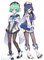 2girls absurdres black_garter_straps black_gloves black_hat black_pantyhose black_thighhighs blue_dress blue_hair closed_mouth commentary_request cosplay costume_switch crossover dress elbow_gloves full_body garter_straps genshin_impact glasses gloves green_hair hat highres honkai:_star_rail honkai_(series) kanzuki_tsunane long_hair long_sleeves looking_at_viewer medium_hair mihoyo multiple_girls pantyhose pela_(honkai:_star_rail) pela_(honkai:_star_rail)_(cosplay) semi-rimless_eyewear shoes short_sleeves smile standing sucrose_(genshin_impact) sucrose_(genshin_impact)_(cosplay) thighhighs twitter_username very_long_hair white_dress white_gloves white_hat white_shoes white_sleeves yellow_eyes zettai_ryouiki