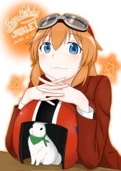 Rule 34 | 1girl, blue eyes, charlotte e. yeager, goggles, happy birthday, helmet, highres, interlocked fingers, jacket, kukoroko, long hair, looking at viewer, military, military uniform, orange hair, rabbit, red jacket, solo, strike witches, table, world witches series