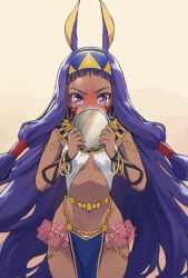 1girl ancient_egyptian ancient_egyptian_clothes animal_ears bare_shoulders belly_chain blush bracelet breasts dark-skinned_female dark_skin earrings facial_mark fate/grand_order fate_(series) full-face_blush gradient_background hairband halterneck highres hoop_earrings jackal_ears jewelry long_hair looking_at_viewer mirror navel nitocris_(fate) pelvic_curtain purple_eyes purple_hair revision sidelocks small_breasts solo thighs tonee usekh_collar very_long_hair