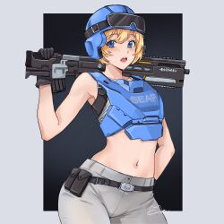 1girl :o armor bare_shoulders belt black_background black_belt black_gloves blonde_hair blue_eyes blue_helmet breastplate brown_pants gloves gun helldivers_(series) helmet highres holding holding_gun holding_weapon meowyin navel pants seaf_soldier_(helldivers) short_hair stomach teeth upper_teeth_only weapon white_background