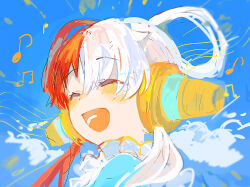 1girl closed_eyes cloud cloudy_sky headphones highres irodori_warabi long_hair multicolored_hair musical_note one_piece red_hair sketch sky smile solo teeth two-tone_hair upper_body uta_(one_piece) white_hair