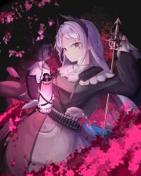 Rule 34 | 1girl, absurdres, arknights, black gloves, black sweater, closed mouth, commentary, cowboy shot, earrings, gloves, grey eyes, grey skirt, highres, holding, holding lantern, holding sword, holding weapon, irene (arknights), jewelry, lantern, long hair, long sleeves, looking at viewer, noirl, puffy long sleeves, puffy sleeves, rapier, scar, scar across eye, scar on face, skirt, solo, standing, sweater, sword, weapon, white hair