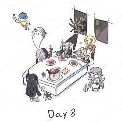 5girls :d ^_^ character_request chibi closed_eyes cooking_pot cup cutting_board flat_color fuwawa_abyssgard fuwawa_abyssgard_(1st_costume) giving_up_the_ghost highres holoadvent hololive hololive_english koseki_bijou koseki_bijou_(1st_costume) mococo_abyssgard mococo_abyssgard_(1st_costume) mug multiple_girls nerissa_ravencroft nerissa_ravencroft_(1st_costume) only_up! open_mouth overcooked pebble plate pulling shiori_novella shiori_novella_(1st_costume) simple_background smile sparkle spooky&#039;s_house_of_jump_scares star_wand ta_wam virtual_youtuber wand white_background window