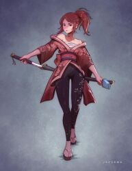 1girl artist_name black_leggings bow breasts chest_sarashi cleavage closed_mouth commission dungeons_&amp;_dragons food full_body grey_background hair_bow holding holding_food holding_popsicle holding_sword holding_weapon japanese_clothes jsama katana kimono leggings lips lipstick long_hair makeup original ponytail popsicle red_bow red_eyes red_hair red_kimono ronin samurai sandals sarashi second-party_source sheath smile solo standing sword tabi unsheathing weapon zouri