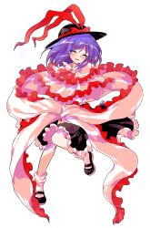 1girl alphes_(style) ascot black_hat black_shoes black_skirt blush capelet closed_eyes collared_shirt commentary_request dairi defeat frilled_capelet frilled_shawl frills full_body hagoromo hat hat_ribbon highres large_variant_set long_skirt long_sleeves medium_hair nagae_iku open_mouth parody purple_hair red_ascot ribbon shawl shirt shoes skirt solo style_parody tachi-e touhou transparent_background variant_set white_shirt