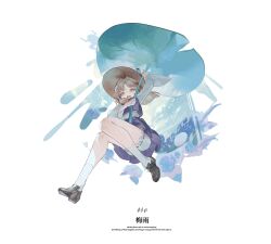 Rule 34 | 1girl, arm up, blonde hair, bloomers, brown hat, brown shoes, commentary, english text, hair ornament, hair tubes, hat, highres, holding, leaf umbrella, long sleeves, looking at viewer, moriya suwako, open mouth, parted bangs, purple skirt, purple vest, reeh (yukuri130), shirt, shoes, short hair, skirt, skirt set, socks, solo, teeth, touhou, touhou hisoutensoku, underwear, vest, white bloomers, white shirt, white socks, yellow eyes