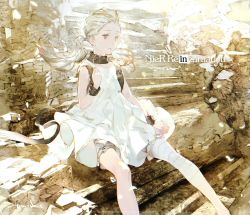 1girl absurdres artist_name bandages bandaged_leg bandages bangs_pinned_back black_collar blonde_hair bloomers closed_mouth collar commentary_request copyright_name cuffs dress feet_out_of_frame floating_hair grey_eyes highres long_hair nier_(series) nier_reincarnation ruins second-party_source signature sitting sleeveless sleeveless_dress solo stairs taiki_(luster) twintails underwear watermark white_dress fio_(nier)