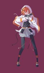 1girl a.i._voice adachi_rei belt belt_pouch black_pantyhose black_shirt cable full_body grey_skirt gun handgun highres holding holding_gun holding_weapon hood hood_up hooded_jacket jacket legs_apart long_sleeves miniskirt molmax0710 open_clothes open_jacket orange_belt orange_eyes orange_hair pantyhose pleated_skirt pouch shirt shoes simple_background skirt solo standing utau weapon white_jacket zipper
