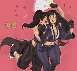 2boys 2girls absurdres andy_bogard apron arm_up artist_name bare_shoulders black_gloves black_hair black_shorts black_vest blonde_hair blush breasts cleavage closed_eyes closed_mouth cloud_strife commentary cosplay costume_switch crop_top cropped_head cropped_jacket crossover fatal_fury fatal_fury:_city_of_the_wolves feet_out_of_frame final_fantasy final_fantasy_vii final_fantasy_vii_advent_children folded_fan folding_fan foot_up gloves hand_fan heart high_ponytail highres holding holding_fan jacket large_breasts leaning_on_person leather leather_jacket long_hair looking_at_another midriff motion_lines multiple_boys multiple_girls navel open_mouth pants pink_background ponytail red_eyes shiranui_mai shiranui_mai_(cosplay) shorts simple_background smile smirk spiked_hair strawderryst symbol-only_commentary teeth tifa_lockhart tifa_lockhart_(cosplay) upper_teeth_only vest waist_apron