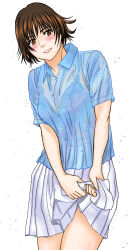 1girl absurdres blue_shirt blush breasts brown_eyes brown_hair highres lace_trim looking_at_viewer ohtanijiro original pleated_skirt see-through_clothes see-through_shirt shirt short_hair skirt solo water_drop wet wet_clothes wet_shirt white_skirt