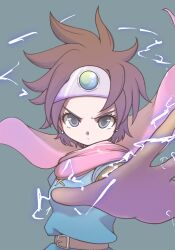 Rule 34 | 1girl, aqua gemstone, belt, blue tunic, brown belt, brown gloves, brown hair, cape, circlet, commentary request, crackling energy, daydream1201, dragon quest, dragon quest iii, earrings, floating cape, floating hair, gem, gloves, green background, green gemstone, grey eyes, heroine (dq3), imminent attack, jewelry, looking at viewer, multicolored gemstone, pink cape, reaching, reaching towards viewer, roto (dq3), short hair, silver circlet, spiked hair, stud earrings, tunic, upper body