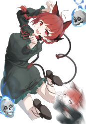 :3 :d absurdres animal_ears black_dress black_shoes braid cat_ears cat_tail commentary_request dress extra_ears full_body highres hitodama kaenbyou_rin long_sleeves looking_at_viewer medium_hair motion_blur multiple_tails nise6 open_mouth paw_pose pointy_ears red_eyes red_hair shoes side_braids simple_background skull smile tail touhou twin_braids two_tails white_background