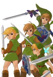 4boys artist_name blonde_hair boots brown_footwear earrings fairy from_behind green_eyes hat highres holding holding_sword holding_weapon hylian_shield ivy_(sena0119) jewelry link long_sleeves looking_at_viewer male_focus master_sword multiple_boys multiple_persona navi nintendo pointy_ears shield short_hair simple_background sword the_legend_of_zelda the_legend_of_zelda:_ocarina_of_time tunic weapon white_background
