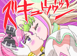 2girls blunt_bangs blush crossover cure_kiss cure_zukyuun earrings fortissimo frilled_shirt_collar frilled_sleeves frills gloves gradient_hair hair_ornament hair_ribbon hands_on_another&#039;s_head highres jewelry jojo_no_kimyou_na_bouken kimi_to_idol_precure kiss multicolored_hair multiple_girls musical_note musical_note_hair_ornament parody parted_bangs pink_hair precure ribbon shideboo_(shideboh) sideways_face sideways_mouth text_focus wrist_cuffs yuri zukyuun