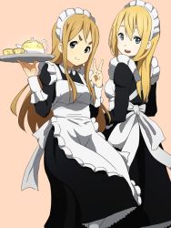 2girls apron blonde_hair blue_eyes cup highres k-on! k-on!_high_school kicchi_(tmgk) kotobuki_tsumugi long_hair maid maid_apron maid_headdress multiple_girls orange_background saitou_sumire simple_background smile teapot thick_eyebrows tray v