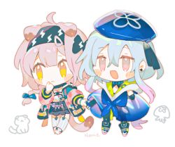Rule 34 | 1boy, 1girl, :&lt;, :d, ahoge, animal ears, arknights, artist name, black bow, black footwear, black hairband, black skirt, blue bow, blue cape, blue hair, blue headwear, blue neckerchief, blush stickers, boots, bow, bracelet, braid, cape, cat, cat ears, cat girl, cat tail, chibi, closed mouth, coat, collar, garter straps, goldenglow (arknights), gradient hair, hair between eyes, hair bow, hairband, hand on own face, hat, holding hands, infection monitor (arknights), jellyfish, jewelry, lightning bolt print, long hair, long sleeves, mizuki (arknights), multicolored hair, namie-kun, neckerchief, open clothes, open coat, open mouth, pink coat, pink hair, purple eyes, scissors, side braid, simple background, skirt, smile, tail, thighhighs, very long hair, white background, white thighhighs, yellow eyes