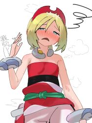 1girl afterimage blonde_hair blush bracelet breasts commentary_request desi_illust fanning_self frown hairband half-closed_eyes hand_up highres hot irida_(pokemon) jewelry neck_ring nintendo open_mouth pokemon pokemon_legends:_arceus red_hairband sash shirt short_hair shorts solo squiggle steaming_body strapless strapless_shirt sweat white_background white_shorts
