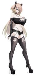 1girl absurdres alternate_costume alternate_hair_length alternate_hairstyle animal_ears bikini_under_shorts black_gloves black_shorts black_streaks black_thighhighs breasts brown_hair choker cleavage commentary commission crop_top elbow_gloves fingerless_gloves full_body gloves green_eyes heart heart_choker high_heels highres huge_breasts indie_virtual_youtuber long_hair midriff mole mole_on_breast multicolored_hair navel navel_piercing nimi_nightmare piercing sebakanken second-party_source short_shorts shorts simple_background skindentation solo streaked_hair tapir_ears tapir_girl thighhighs torn_clothes torn_thighhighs virtual_youtuber white_background