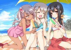 3girls :d ^_^ aqua_bikini beach beach_umbrella bikini bikini_under_clothes black_hair chloe_von_einzbern closed_eyes dark-skinned_female dark_skin day dress closed_eyes fate/kaleid_liner_prisma_illya fate_(series) food girl_sandwich hair_bobbles hair_ornament illyasviel_von_einzbern licking long_hair miyu_edelfelt multiple_girls navel nora-toro official_alternate_costume open_mouth pink_dress polka_dot polka_dot_bikini polka_dot_swimsuit popsicle red_bikini sandwiched sarong side-tie_bikini_bottom side_ponytail silver_hair sitting smile swimsuit swimsuit_under_clothes tongue umbrella yellow_eyes