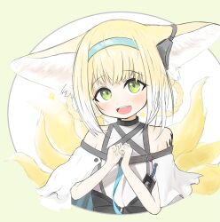1girl :d aduki_(zrpw7545) animal_ears arknights blonde_hair braid braided_hair_rings commentary earpiece fox_ears fox_girl fox_tail green_eyes hair_rings highres infection_monitor_(arknights) kitsune kyuubi looking_at_viewer material_growth multiple_tails open_mouth oripathy_lesion_(arknights) short_hair smile solo suzuran_(arknights) tail teeth twin_braids upper_body upper_teeth_only variant_set